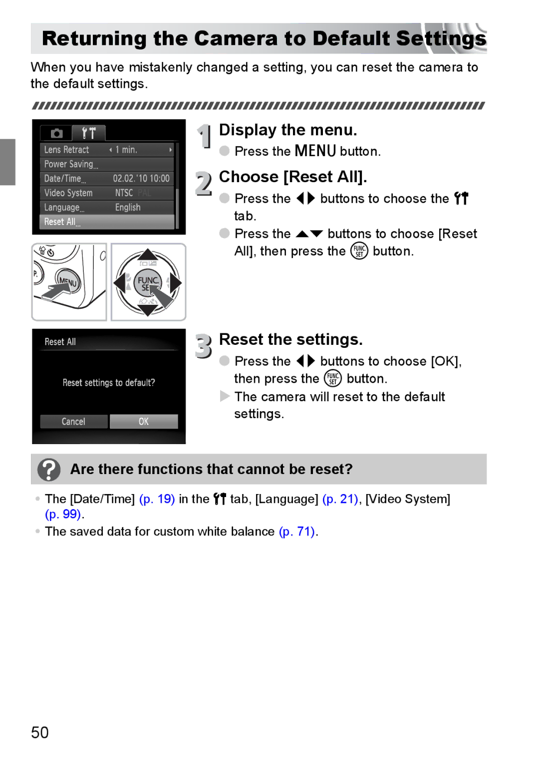 Canon 107 manual Returning the Camera to Default Settings, Choose Reset All, Reset the settings 