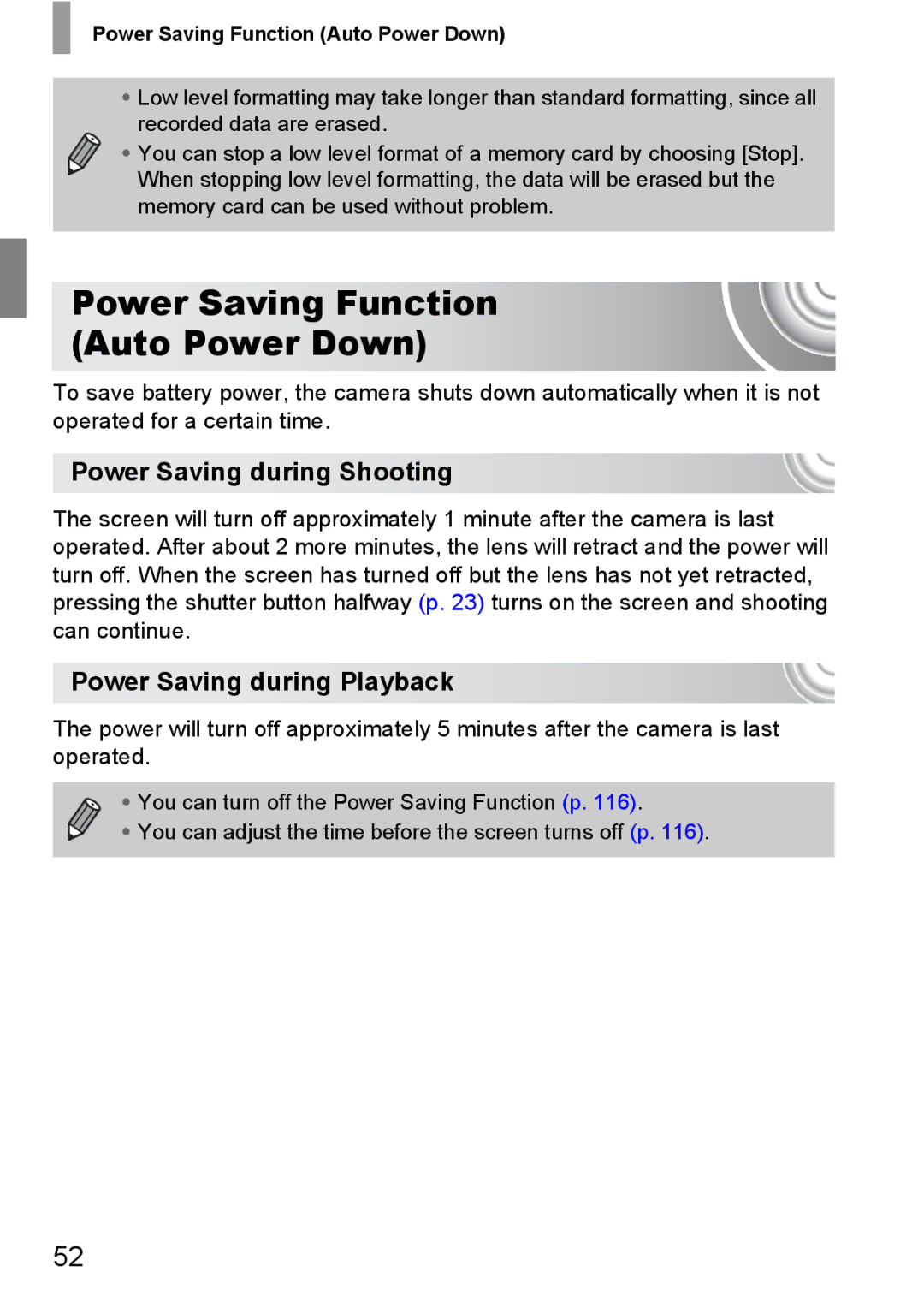 Canon 107 manual Power Saving Function Auto Power Down, Power Saving during Shooting, Power Saving during Playback 