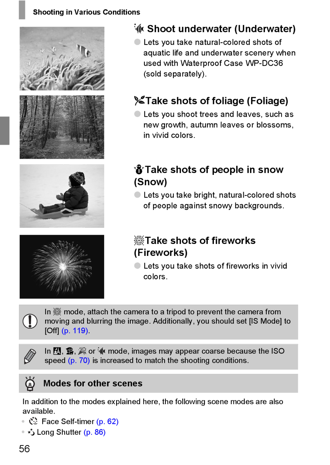 Canon 107 manual Shoot underwater Underwater, OTake shots of foliage Foliage, PTake shots of people in snow Snow 