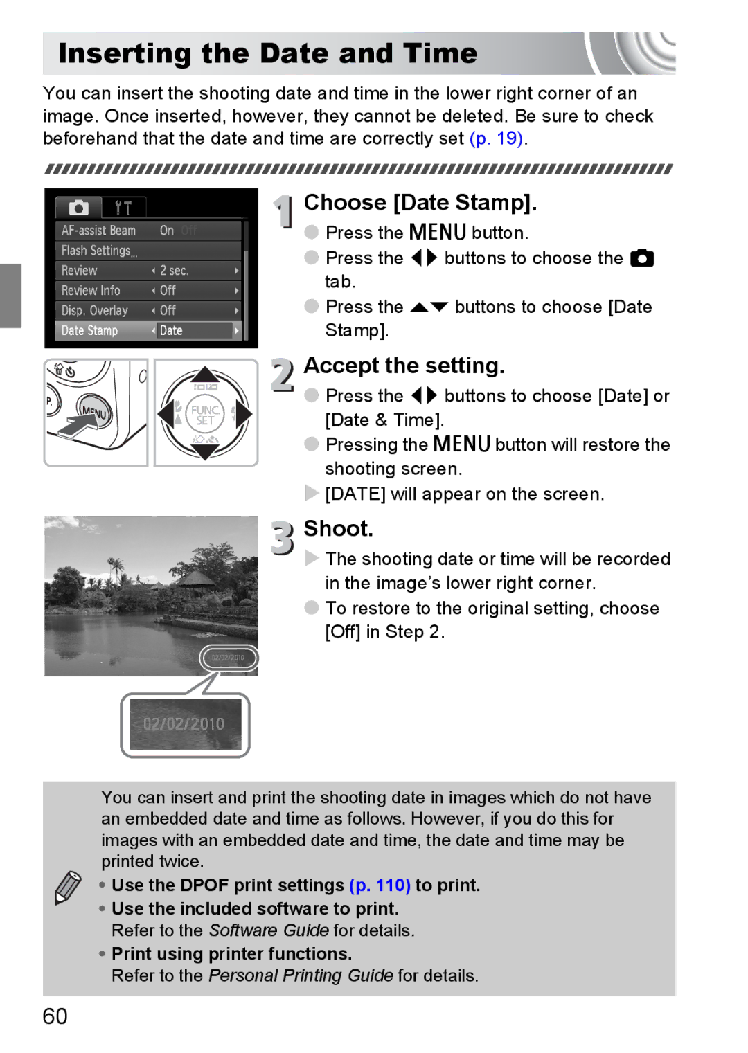 Canon 107 manual Inserting the Date and Time, Choose Date Stamp, To restore to the original setting, choose Off in Step 