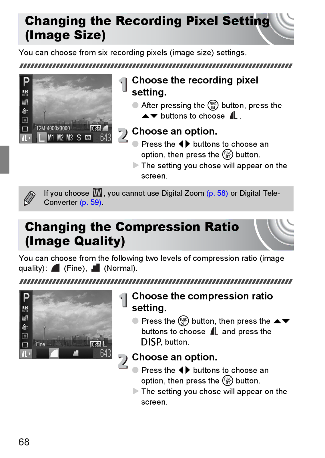 Canon 107 manual Changing the Recording Pixel Setting Image Size, Changing the Compression Ratio Image Quality 