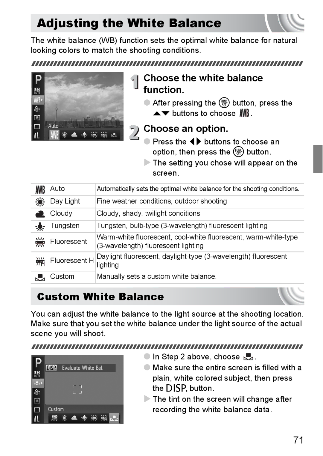 Canon 107 manual Adjusting the White Balance, Custom White Balance, Choose the white balance function 