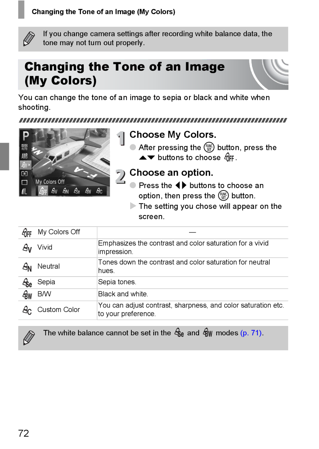 Canon 107 manual Changing the Tone of an Image My Colors, Choose My Colors 