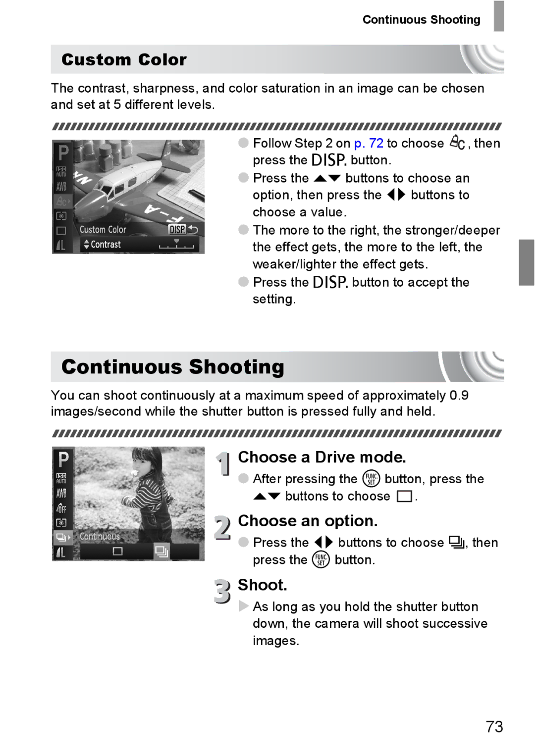 Canon 107 manual Continuous Shooting, Custom Color, Choose a Drive mode, Press the l button to accept the setting 