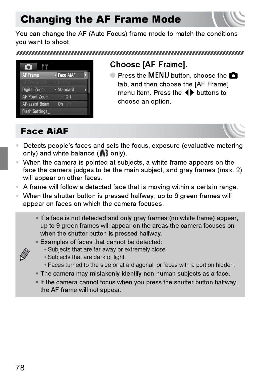 Canon 107 manual Changing the AF Frame Mode, Face AiAF, Choose AF Frame 