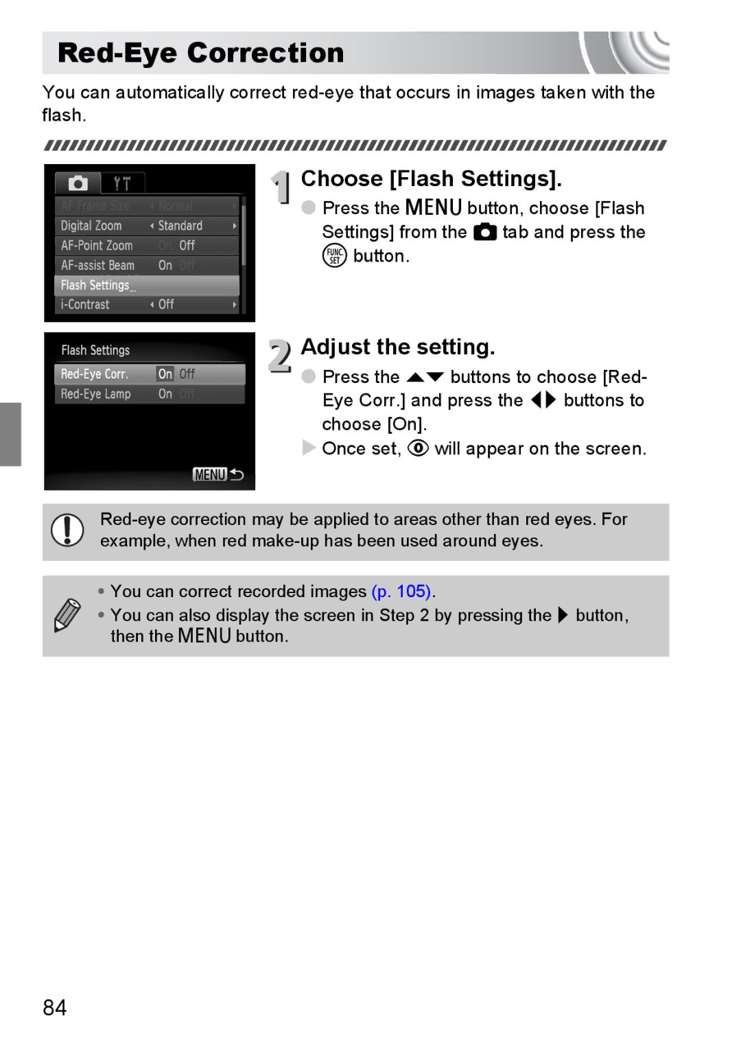 Canon 107 manual Red-Eye Correction, Choose Flash Settings, Adjust the setting 