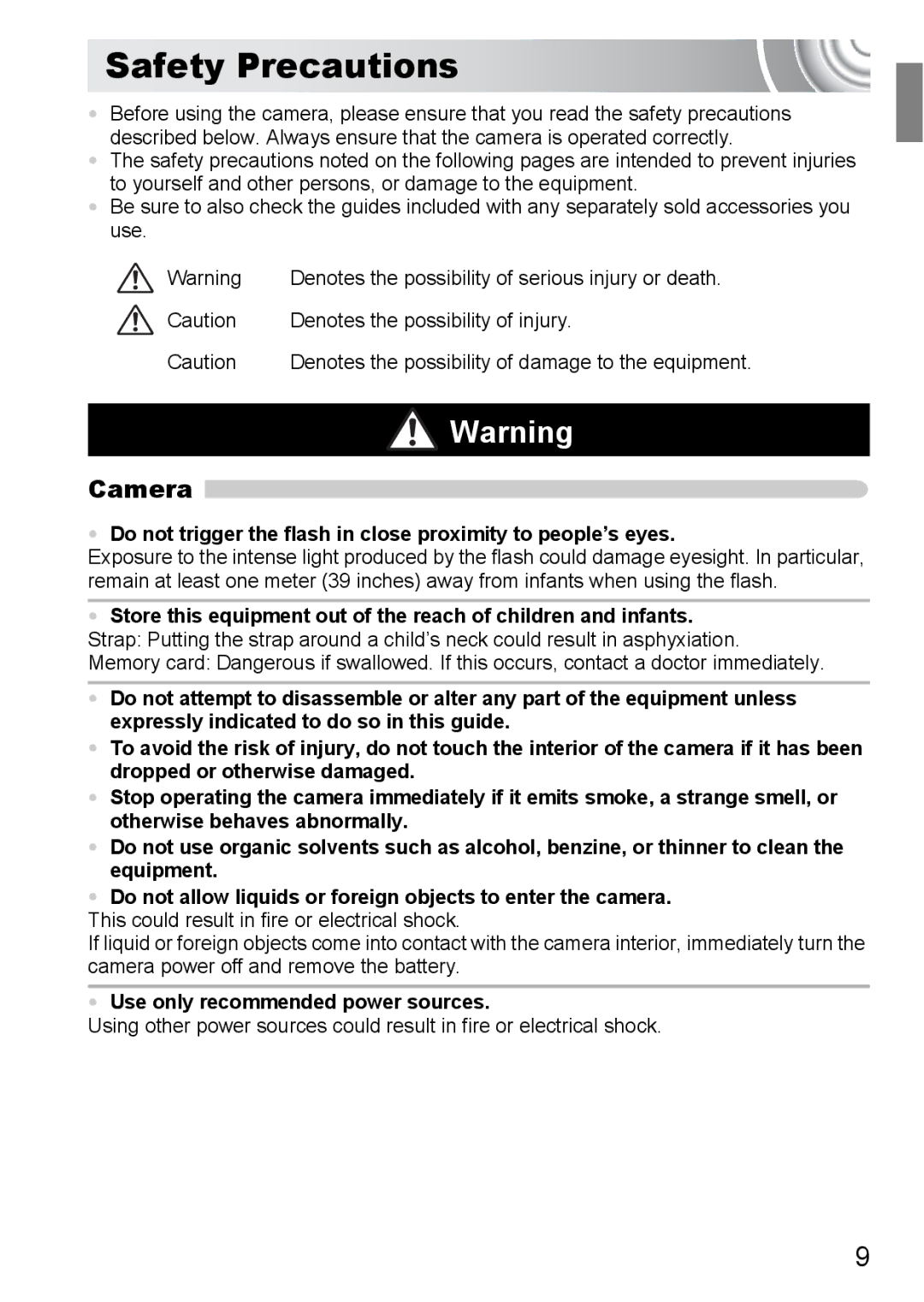 Canon 107 manual Safety Precautions, Camera, Use only recommended power sources 