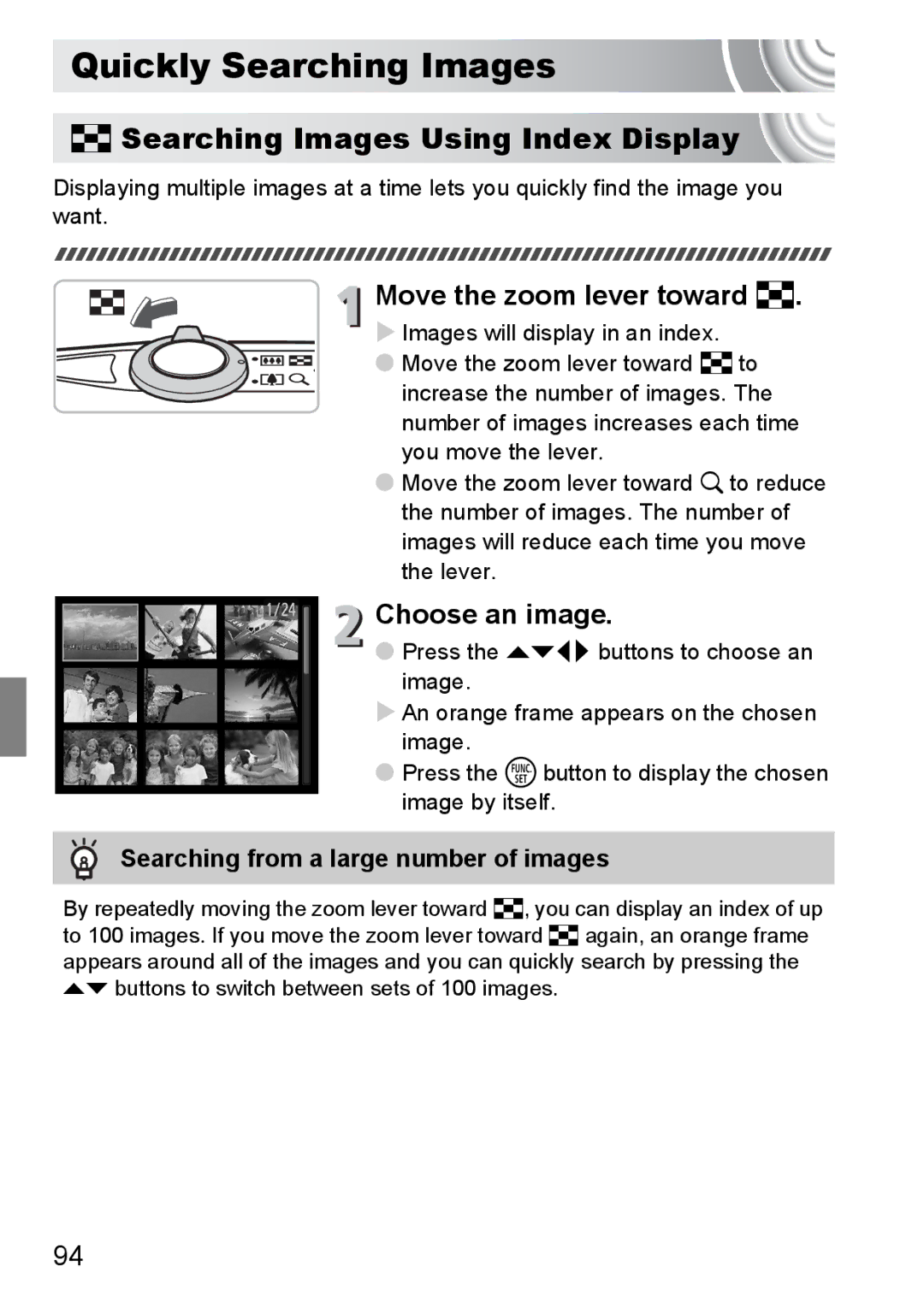 Canon 107 manual Quickly Searching Images, Searching Images Using Index Display, Move the zoom lever toward g 