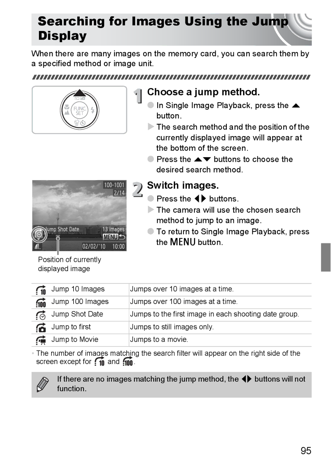 Canon 107 manual Searching for Images Using the Jump Display, Choose a jump method, Switch images, N button 