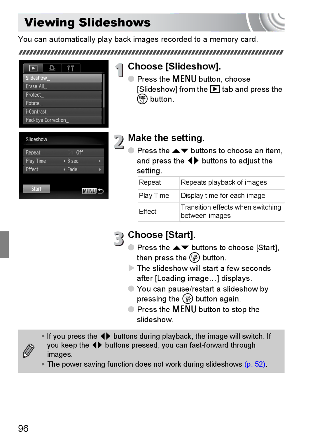 Canon 107 manual Viewing Slideshows, Choose Slideshow, Make the setting, Choose Start 