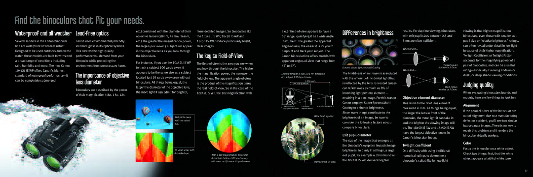 Canon 10x42L IS WP manual Find the binoculars that fit your needs, Lead-free optics, Key to Field-of-View, Judging quality 