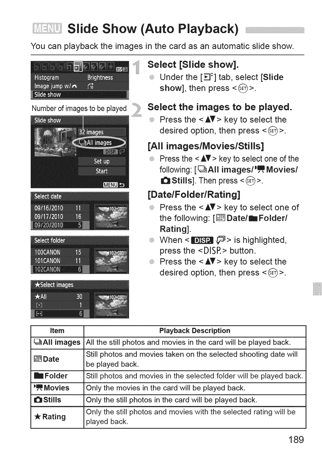 Canon 1100D manual Slide Show Auto Playback, 189, All imageslMovieslStills 