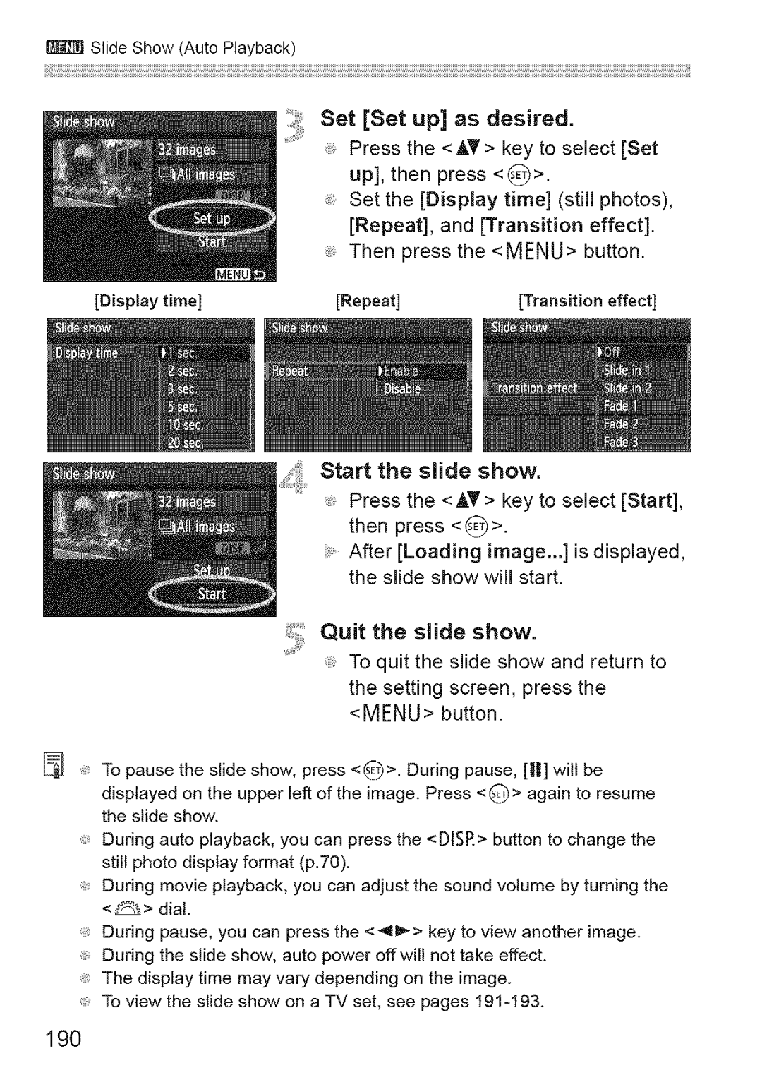 Canon 1100D manual Start the slide show, Quit the slide show, 190, Set Set up as desired 