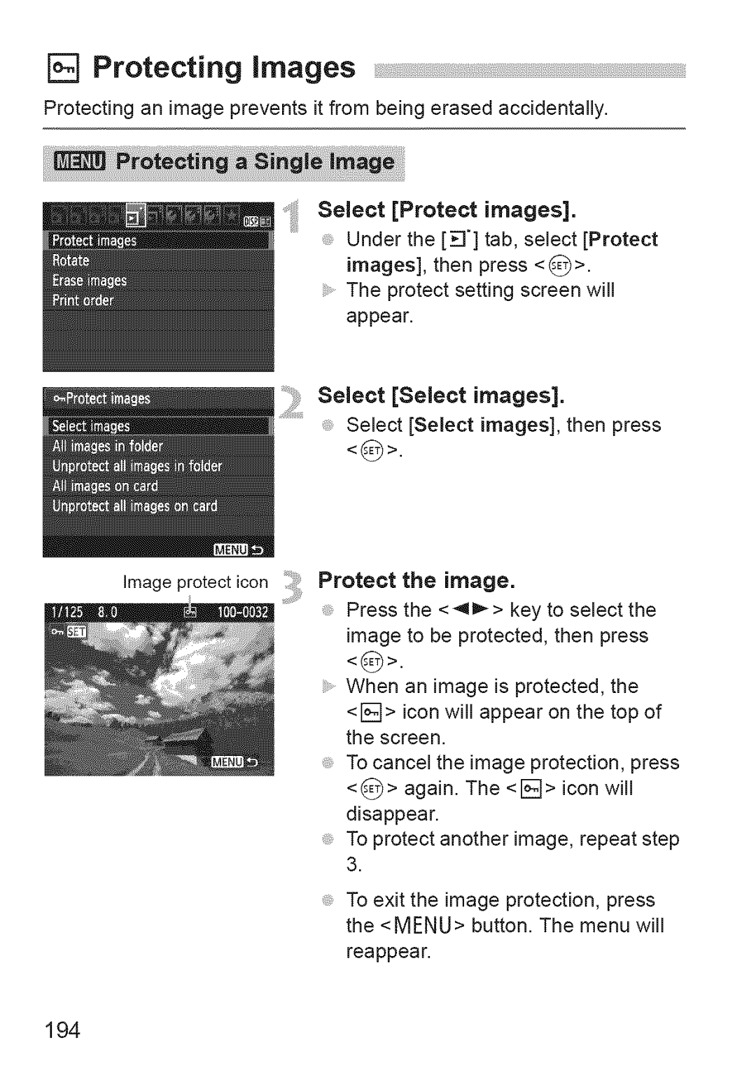 Canon 1100D manual 194, Select Protect images, Select Select images 