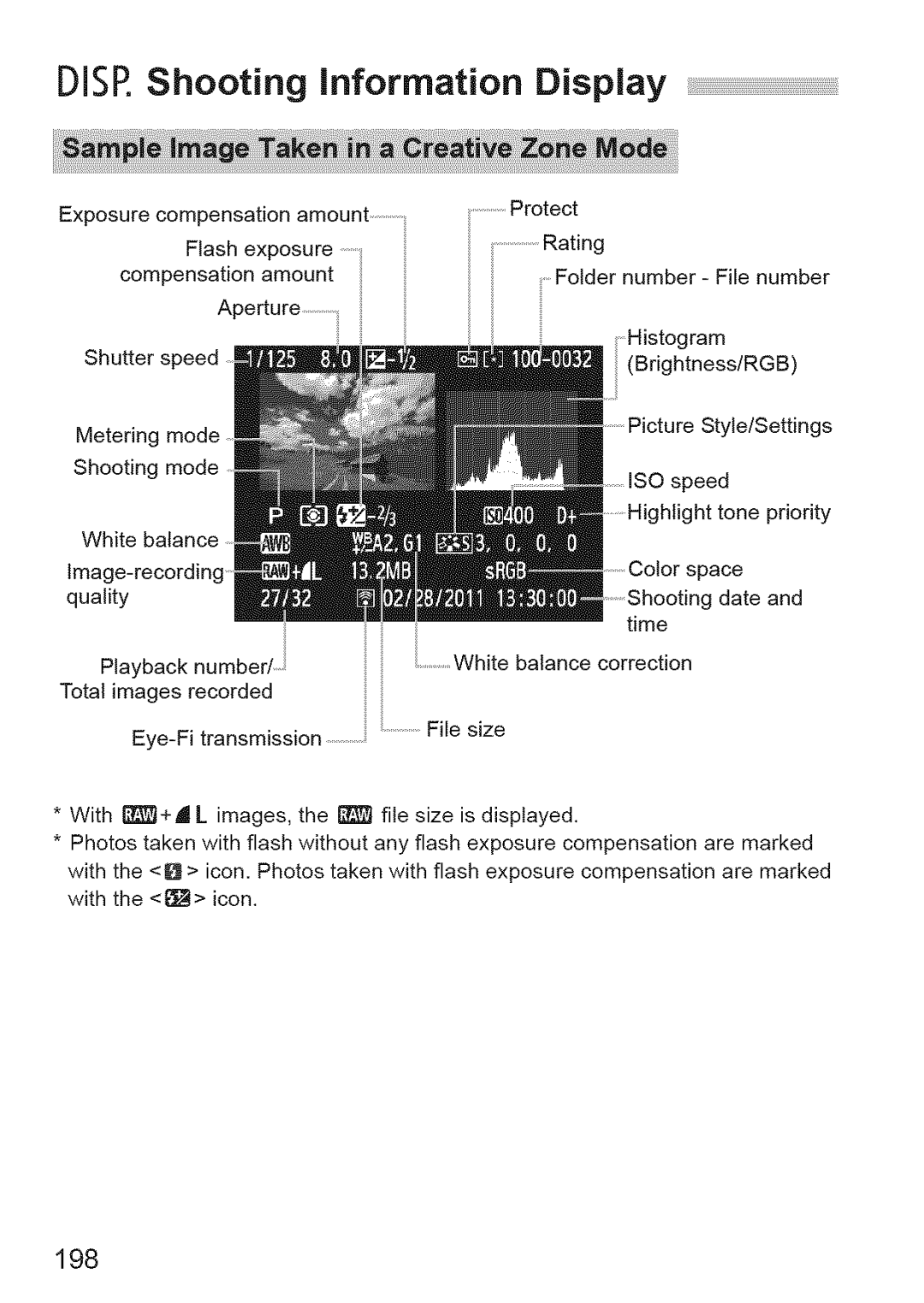 Canon 1100D manual Disr Shooting Information Display, 198 