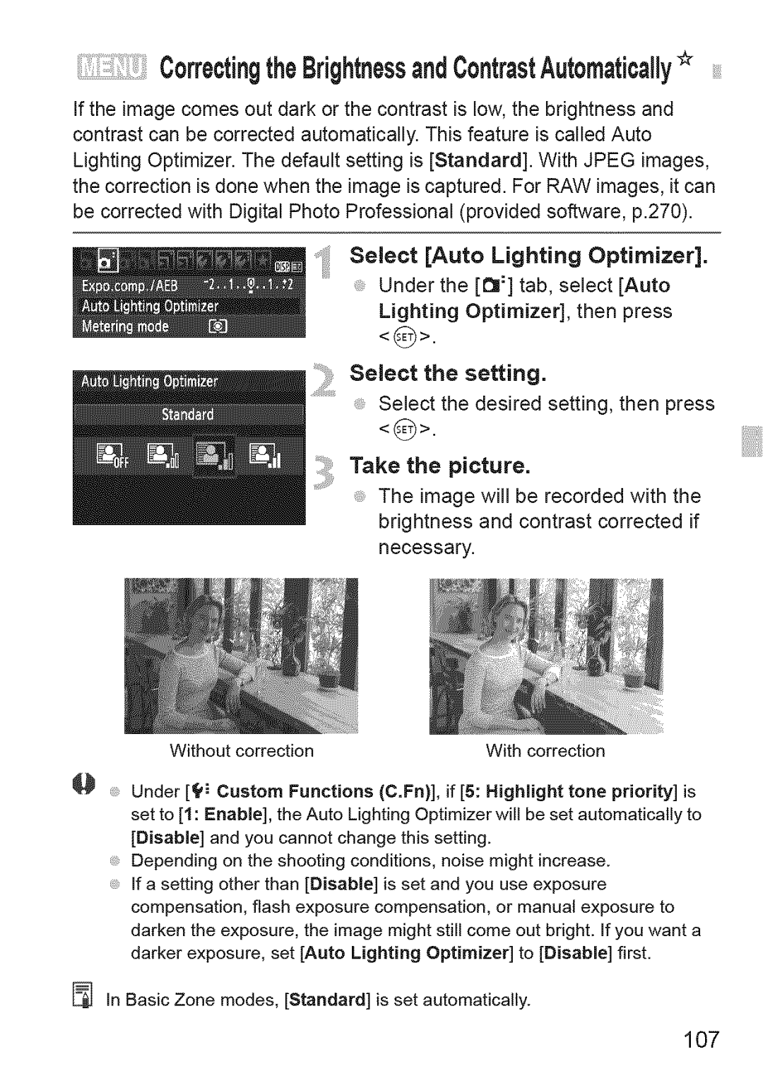 Canon 1100D manual Take the picture, 107, Select Auto Lighting Optimizer 