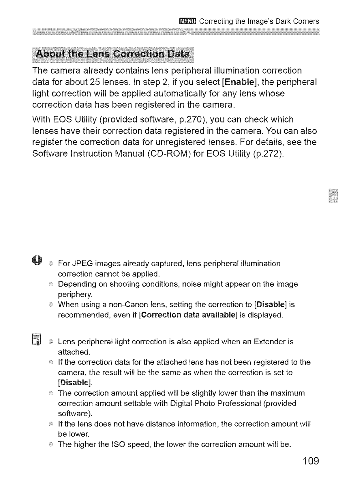 Canon 1100D manual CorrectingtheImagesDarkCorners, 109 