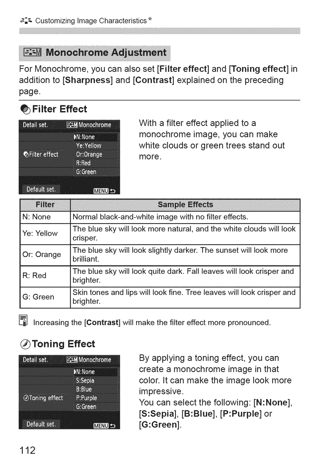 Canon 1100D manual Filter Effect, Toning Effect, 112 