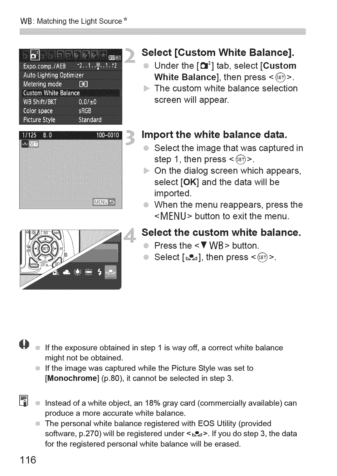 Canon 1100D manual Import the white balance data, ISelect the custom white balance, 116 