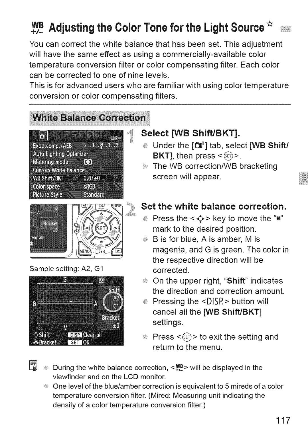 Canon 1100D manual WB Adjustingthe ColorTone for the LightSource, 117, Select WB Shift/BKT 