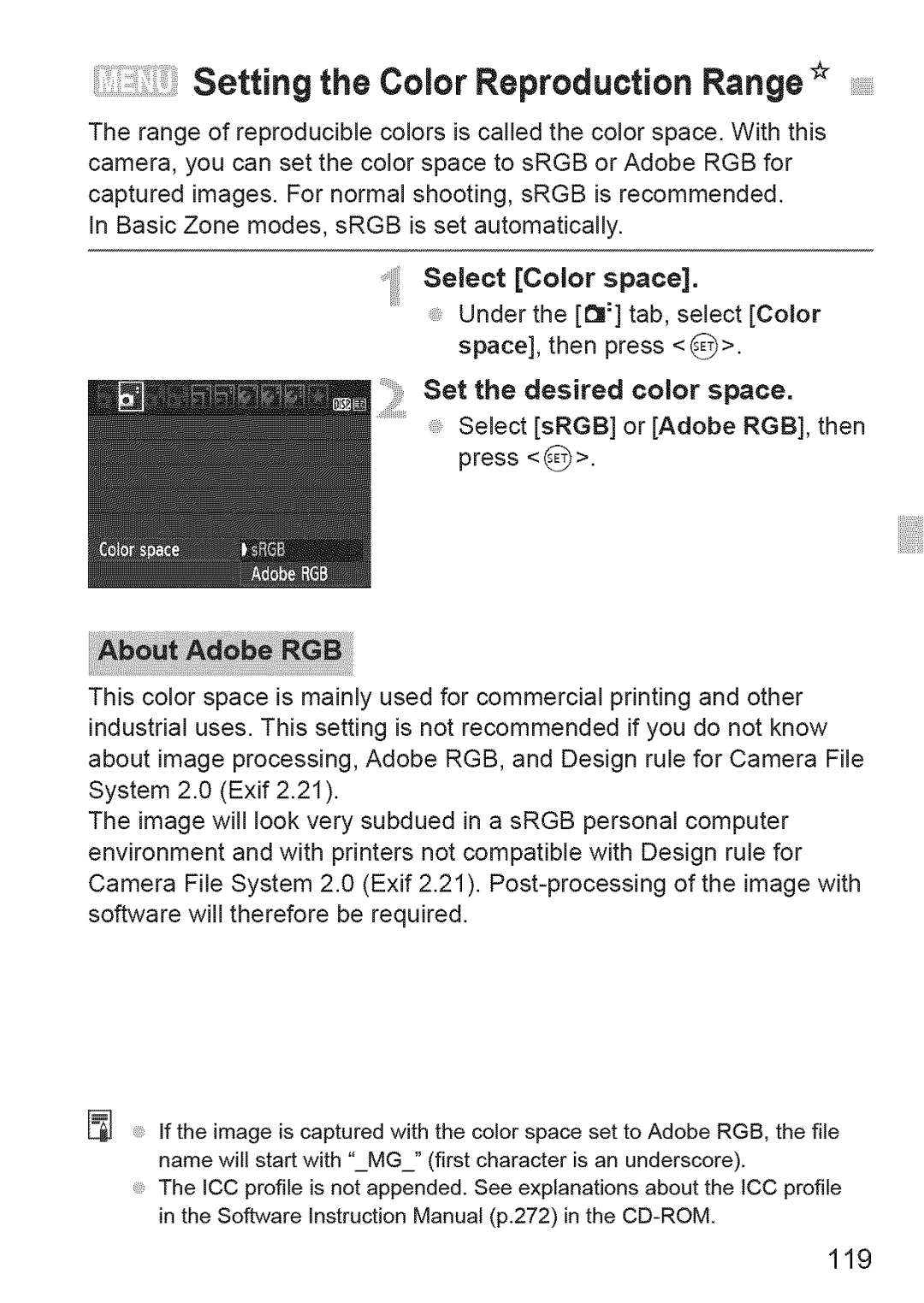 Canon 1100D manual Setting the Color Reproduction Range iiiiiiii!ii, Set the desired color space 
