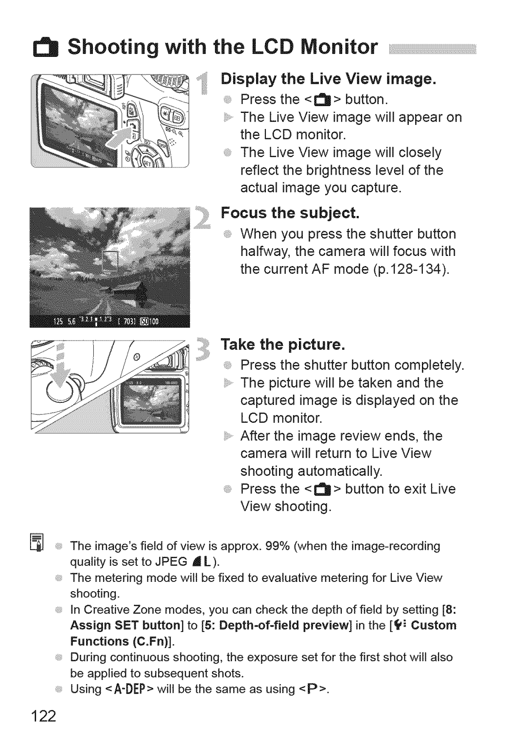 Canon 1100D manual 122, Display the Live View image. Press the button 