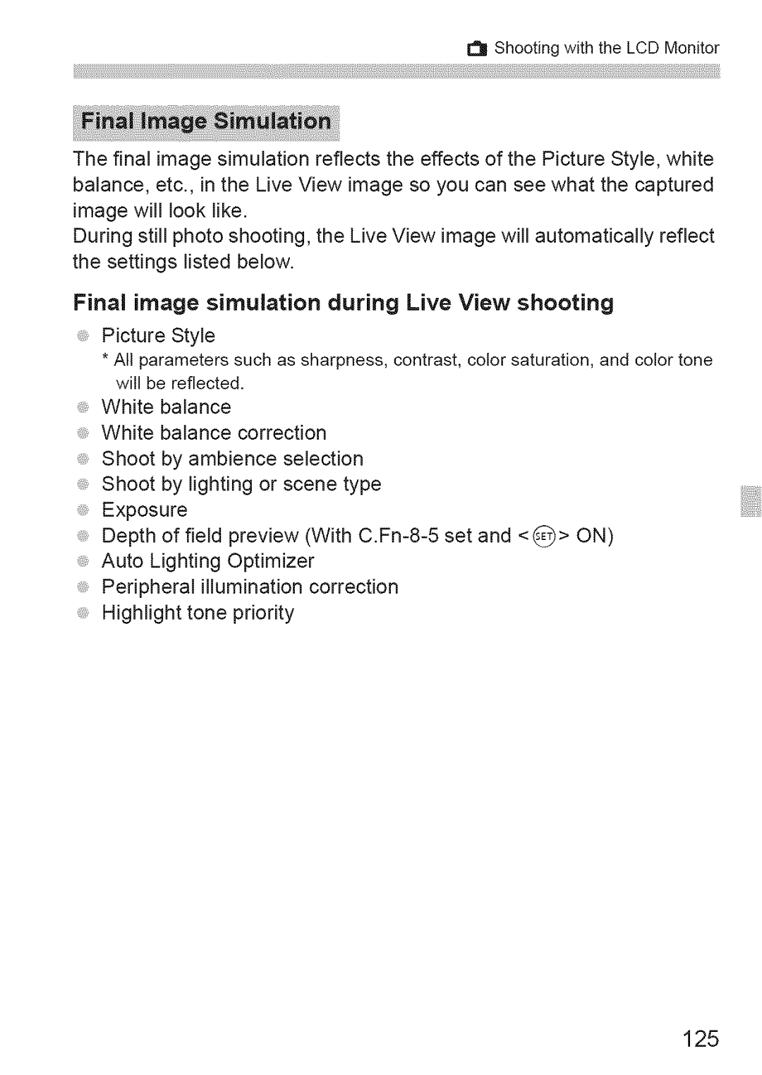 Canon 1100D manual 125, Final image simulation during Live View shooting 