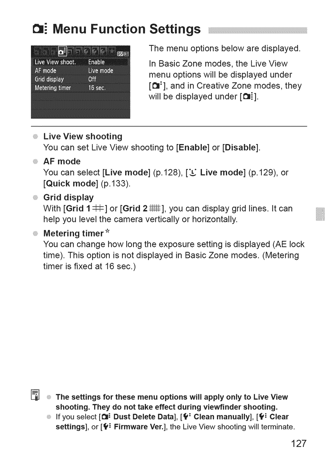 Canon 1100D manual 127, Enu FUnCtiOn Settings, Metering timer 