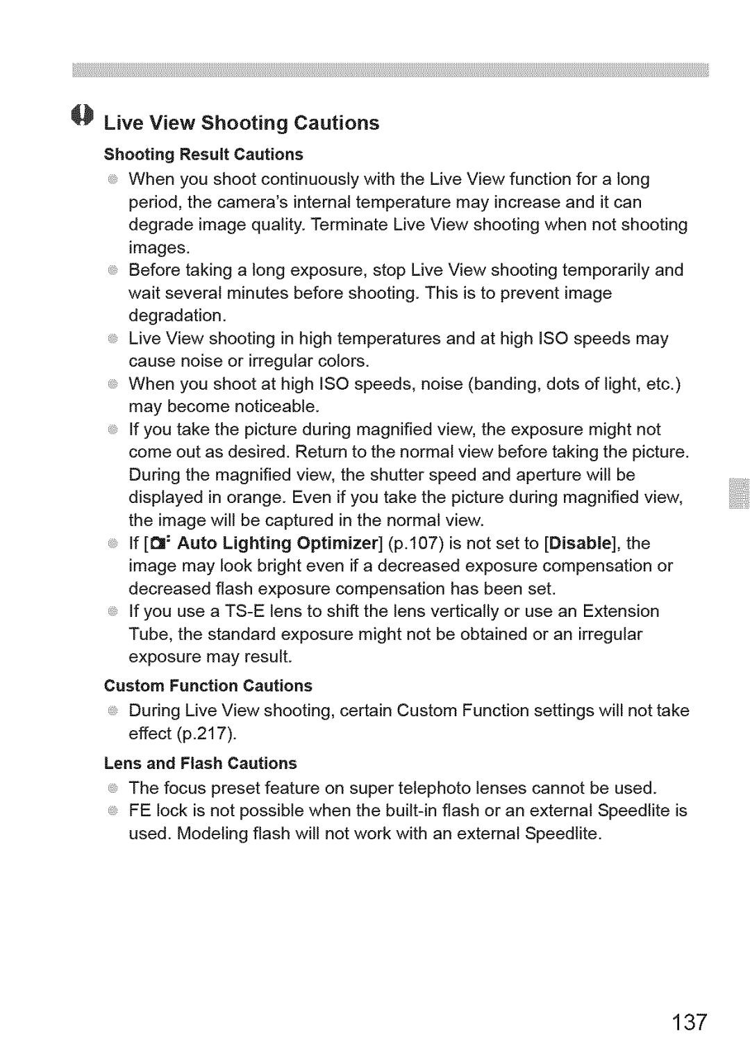 Canon 1100D manual 137, Live View Shooting Cautions, Images, Lens and Flash Cautions 