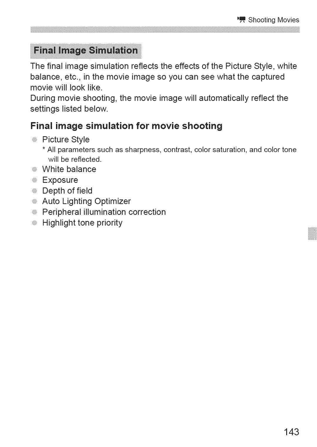 Canon 1100D manual 143, Final image simulation for movie shooting 