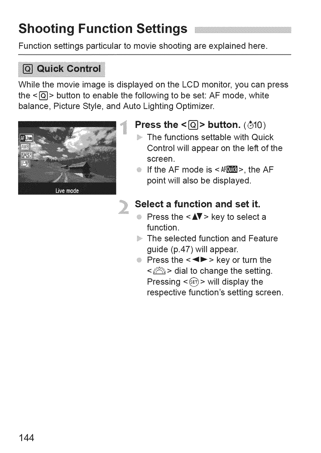 Canon 1100D manual Shooting Function Settings, 144 