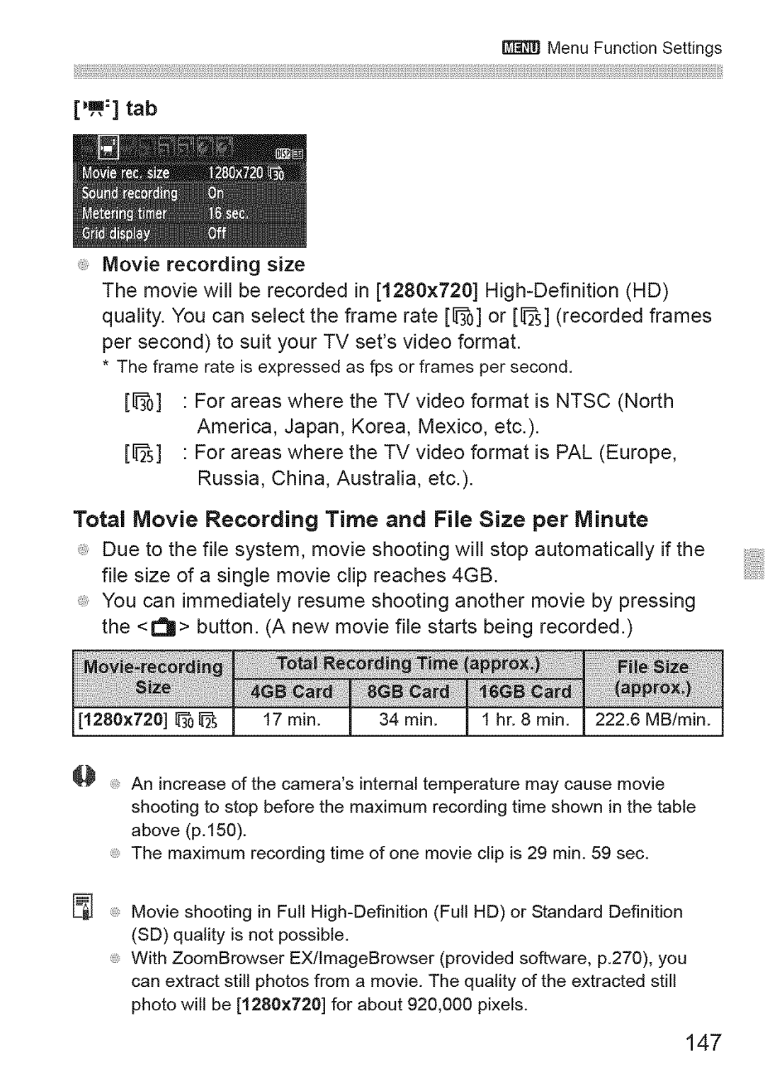 Canon 1100D manual 147, Total Movie Recording Time and File Size per Minute 