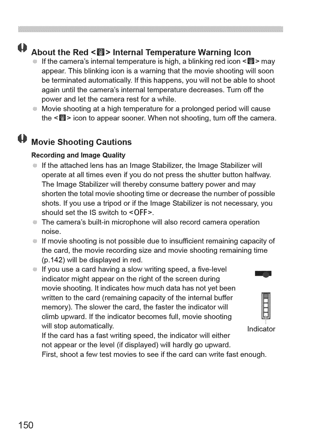 Canon 1100D manual 150, About the Red H internal Temperature Warning icon, Recording and image Quality 