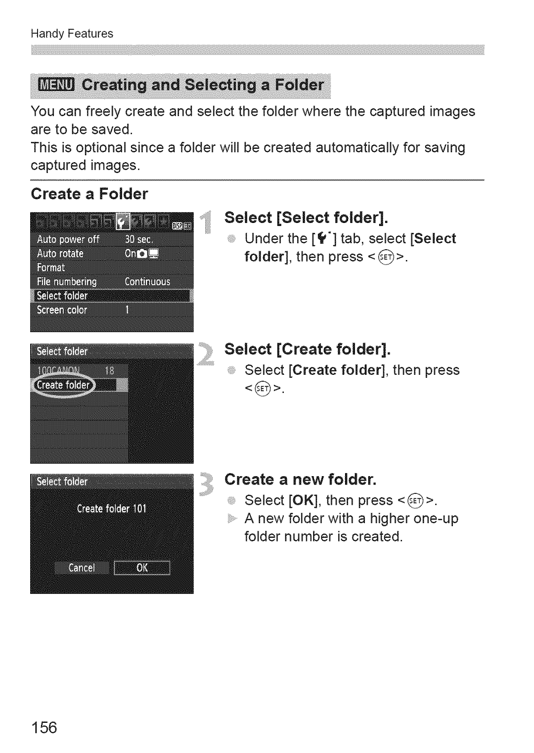 Canon 1100D manual Create a Folder, 156 