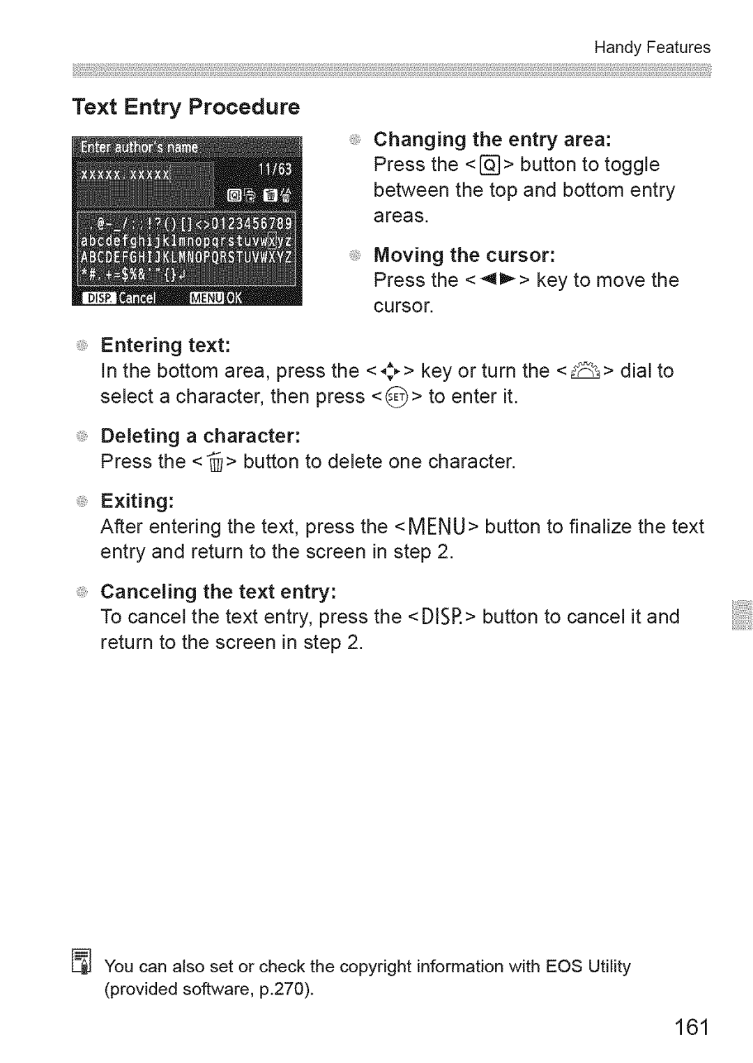 Canon 1100D manual Text Entry Procedure, 161 