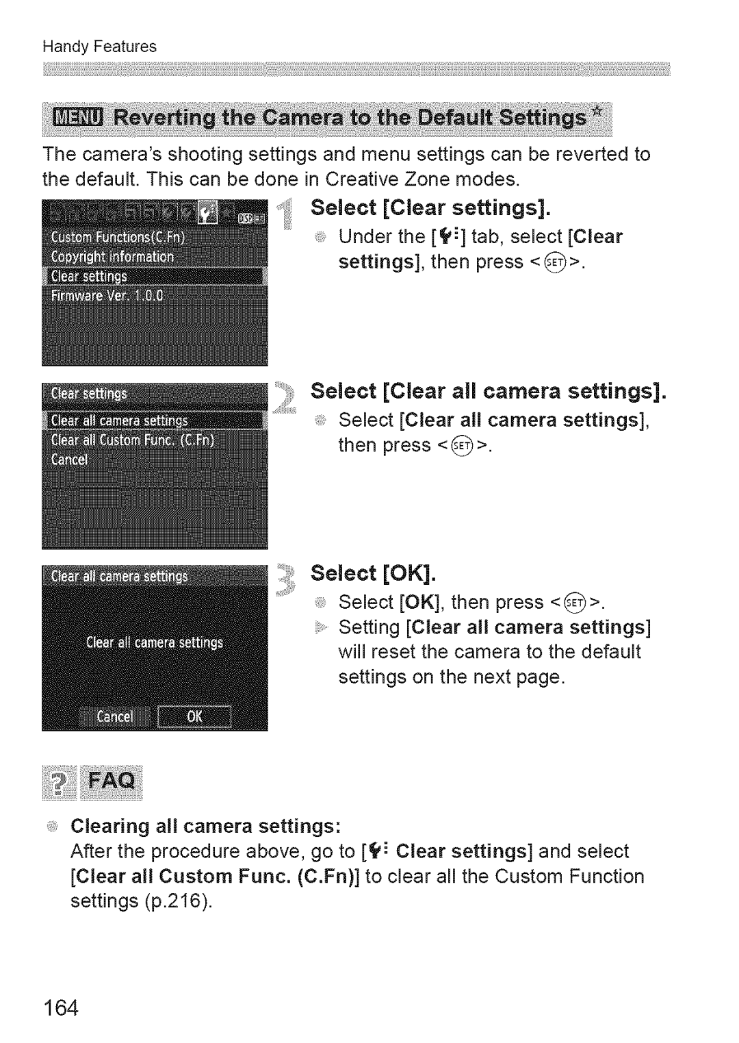 Canon 1100D manual 164, Select Clear settings, Select Clear all camera settings, Select OK 