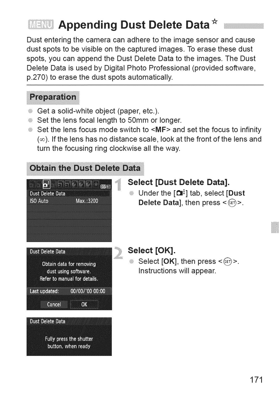 Canon 1100D manual Appending Dust Delete Data, 171, Select Dust Delete Data 