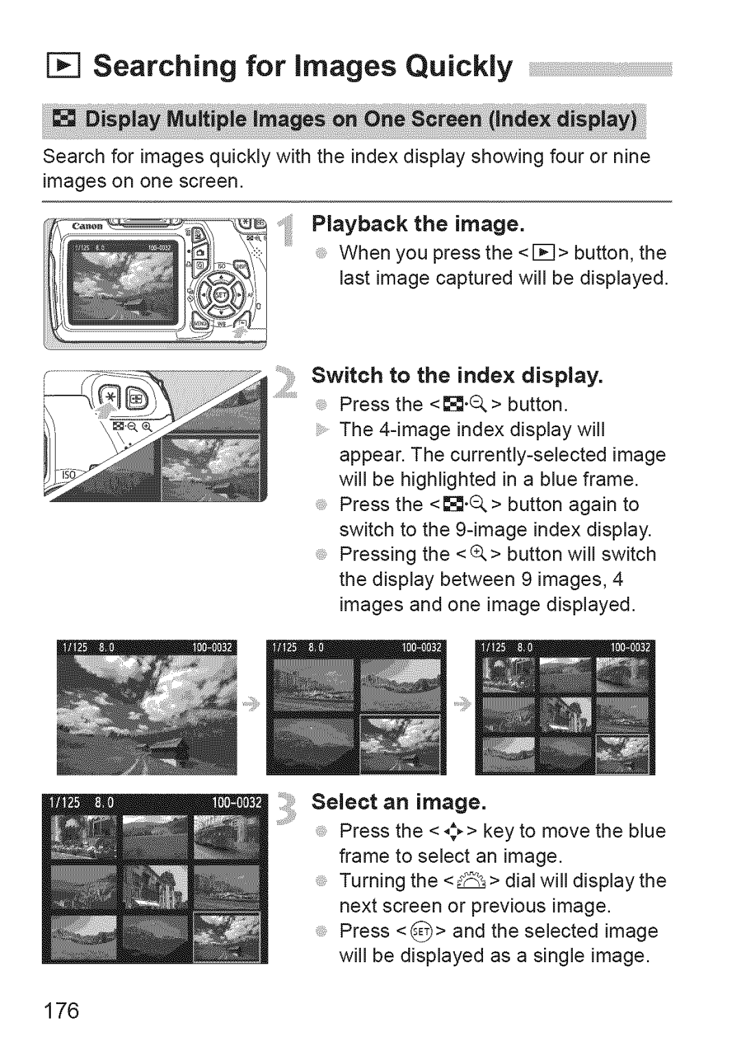 Canon 1100D manual 176, Playback the image, Select an image 