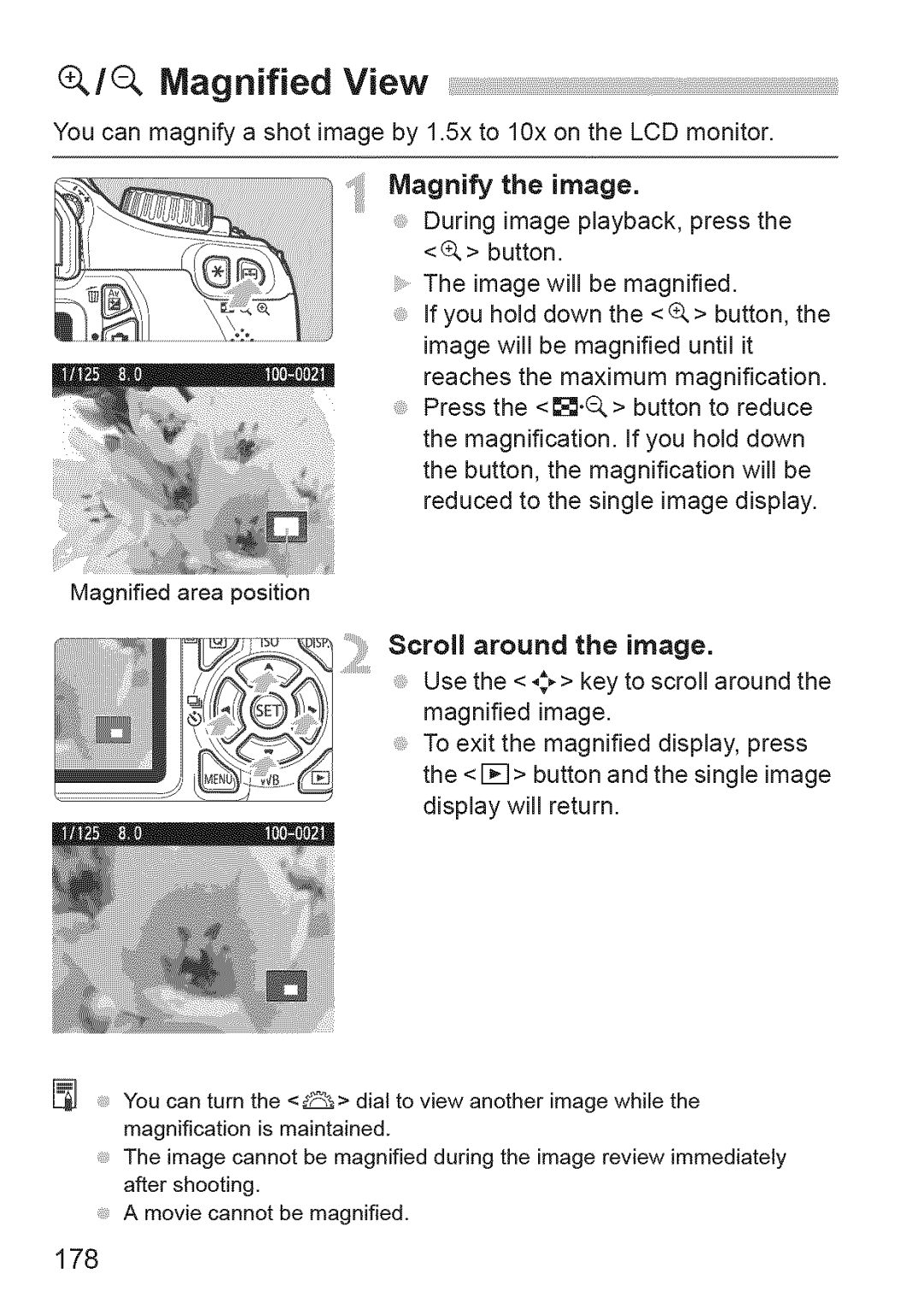 Canon 1100D manual Magnified View, 178, Magnify the image, Scroll around the image 