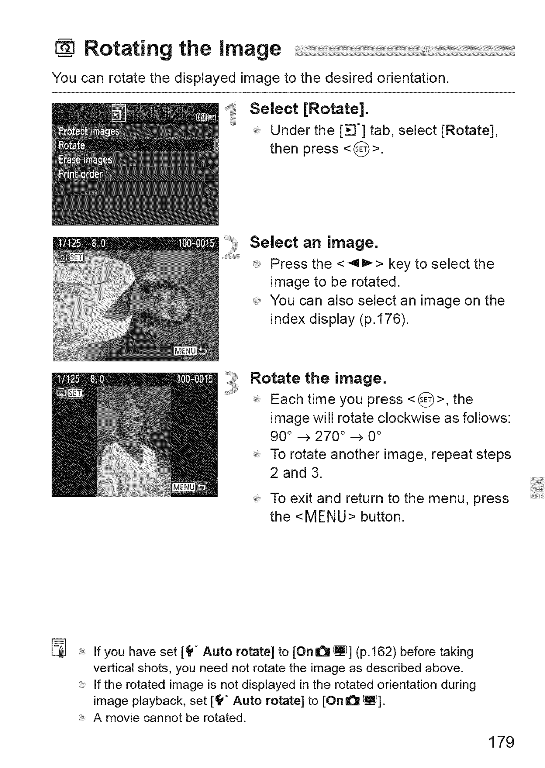 Canon 1100D manual @ Rotating the image, 179, Iii!!Select an image 