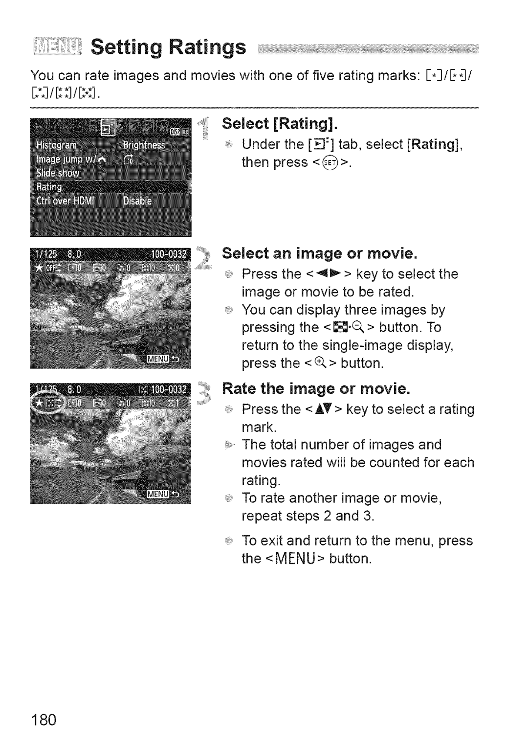 Canon 1100D manual Setting Ratings, 18O, Select an image or movie 