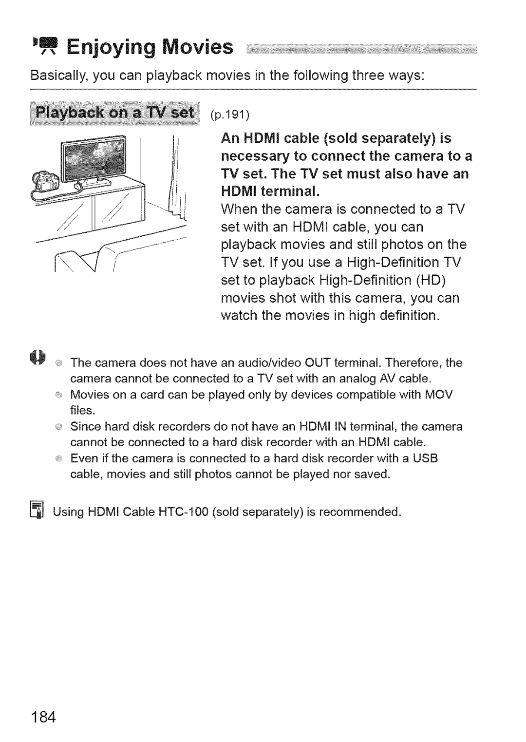 Canon 1100D manual Enjoying Movies, 184 