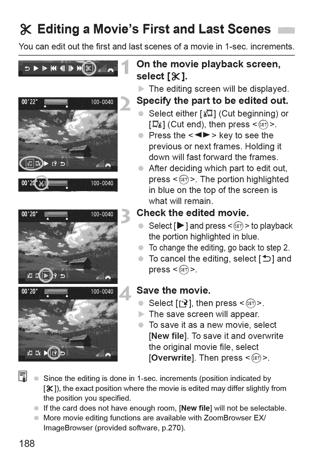 Canon 1100D manual Editing a Movies First and Last Scenes, 188, Specify the part to be edited out 