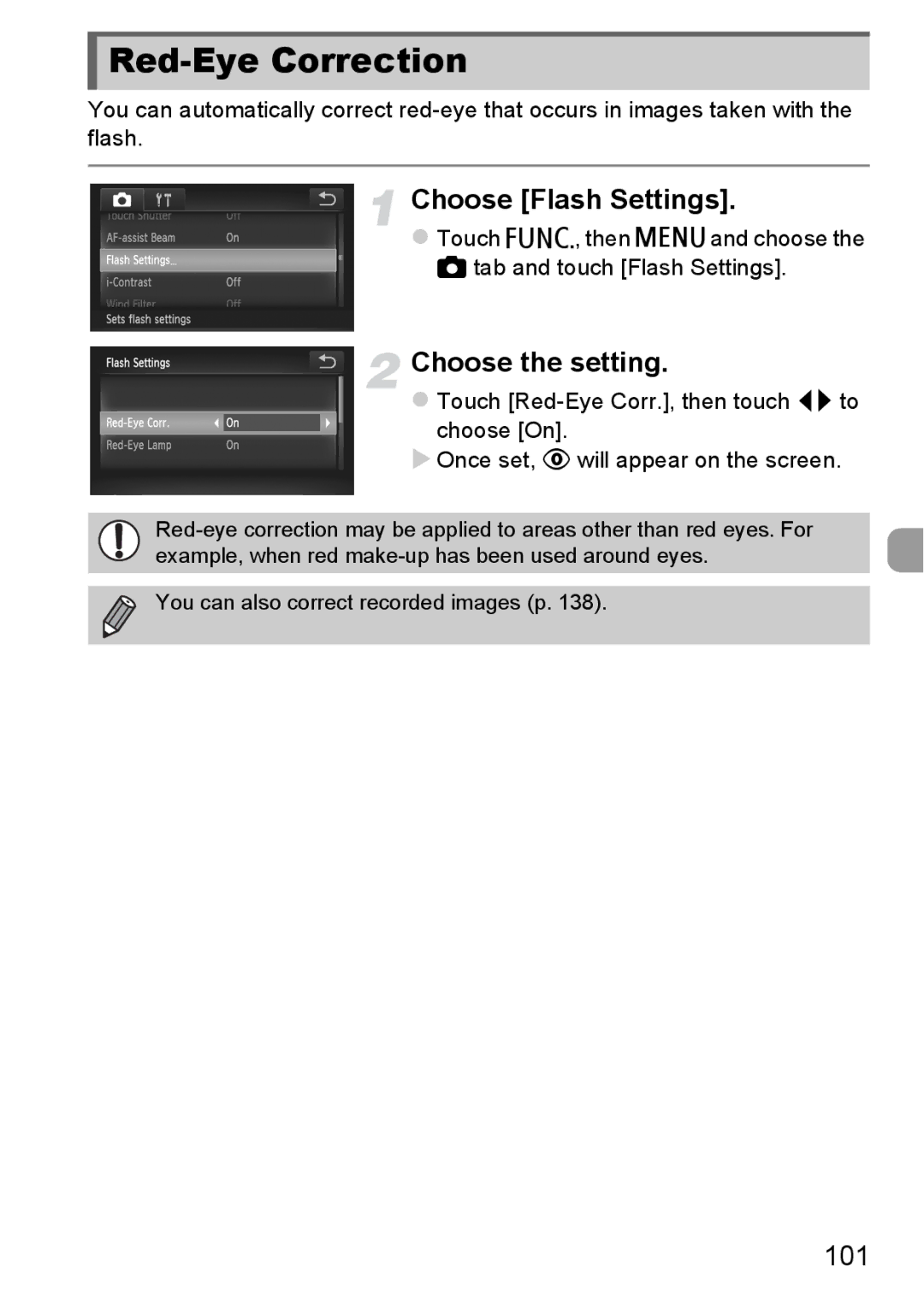 Canon 1100HS manual Red-Eye Correction, Choose Flash Settings, 101 