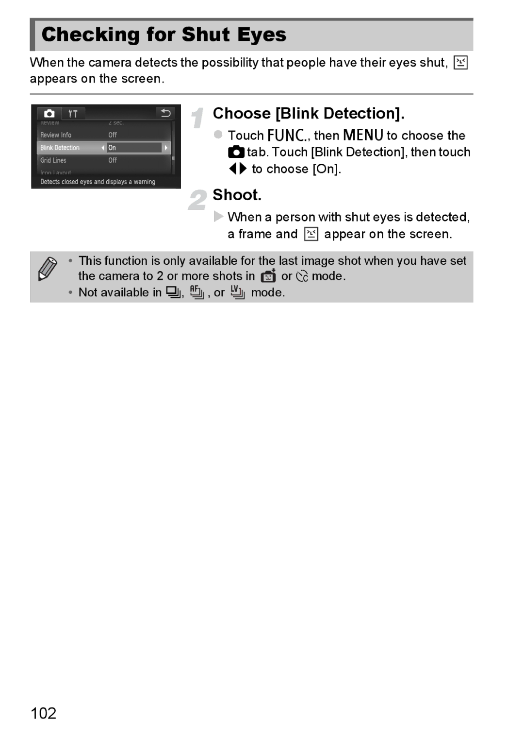 Canon 1100HS manual Checking for Shut Eyes, Choose Blink Detection, 102 