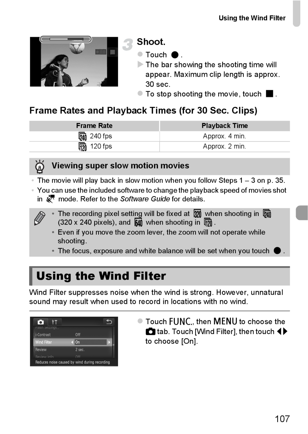 Canon 1100HS manual Using the Wind Filter, Frame Rates and Playback Times for 30 Sec. Clips, 107 