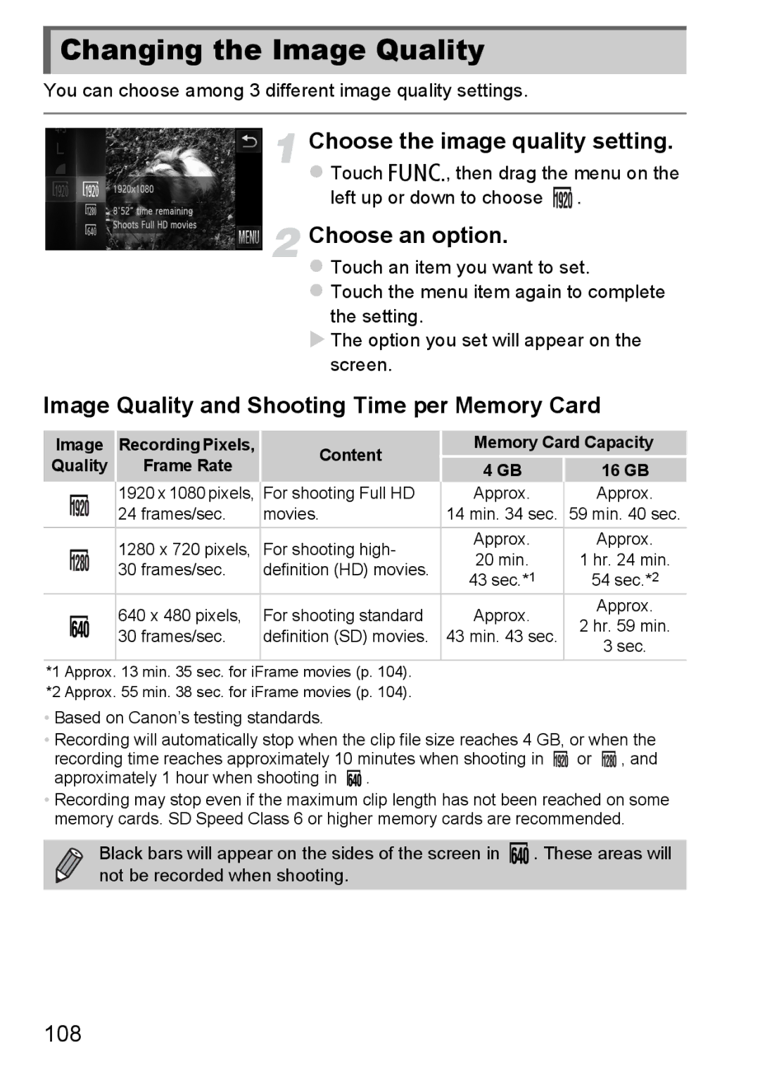 Canon 1100HS Changing the Image Quality, Choose the image quality setting, Image Quality and Shooting Time per Memory Card 