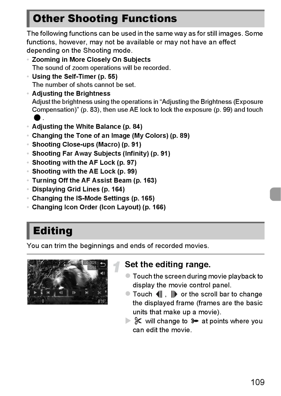 Canon 1100HS manual Other Shooting Functions, Editing, Set the editing range, 109 