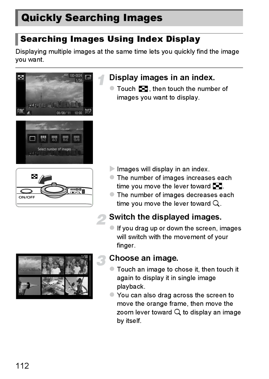 Canon 1100HS manual Quickly Searching Images, Searching Images Using Index Display, Display images in an index, 112 