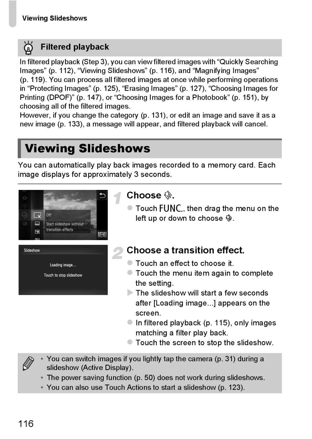 Canon 1100HS manual Viewing Slideshows, Choose a transition effect, 116, Filtered playback 